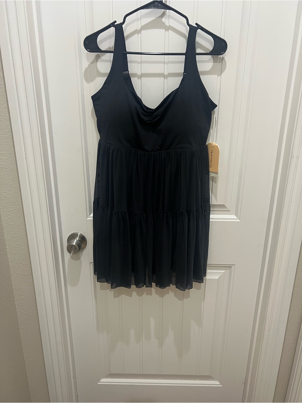 Tiered Black Chemise Slip Dress with Draped Neckline